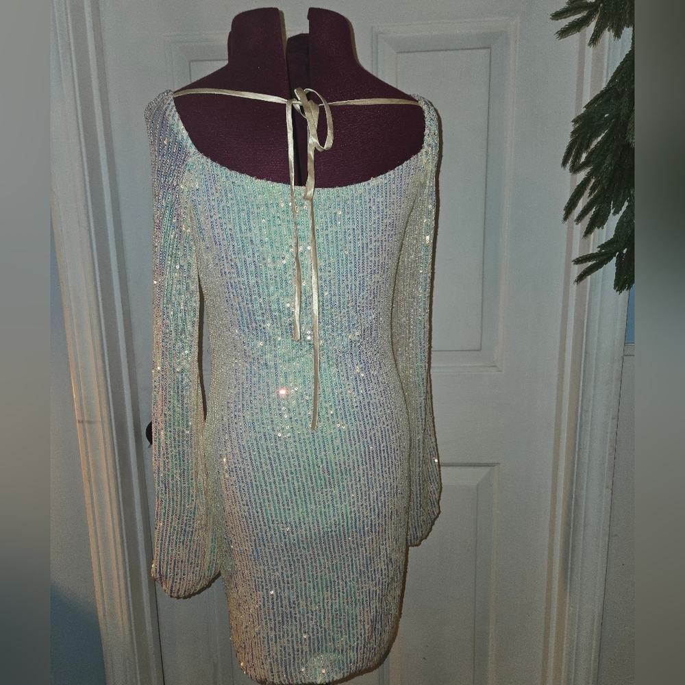 Speechless Small Long Balloon Sleeve Opalescent Sequin Tie Back Mini Dress - Picture 2 of 7